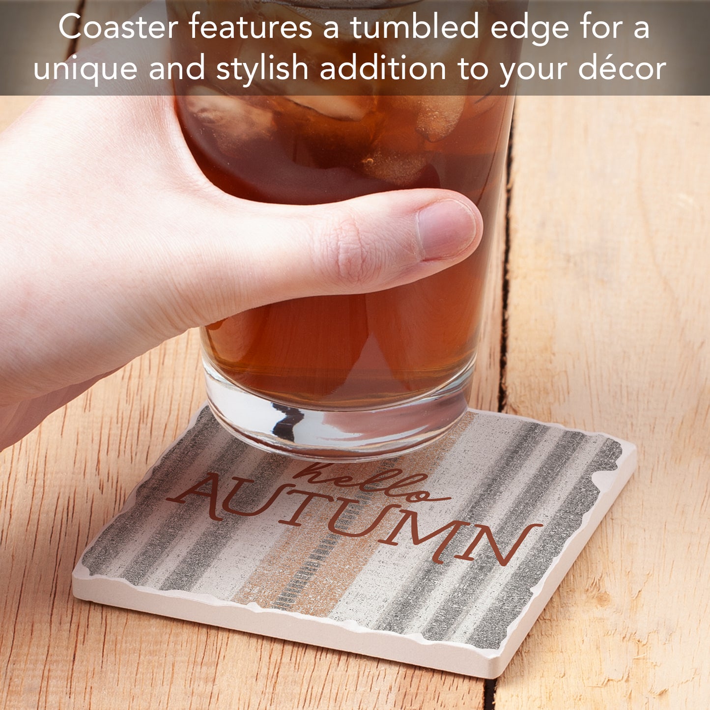 Thirstystone Hello Autumn Stripes Single Tumbled Tile Stone Coaster with Protective Cork Backing Manufactured in The USA 4" Square, Colorful, Artistiic, Easily Wipes Clean