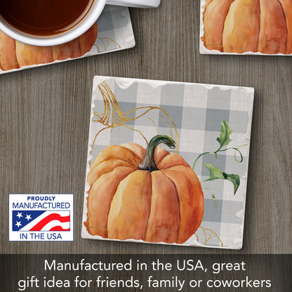 Thirstystone Grey Plaid Pumpkin Single Tumbled Tile Stone Coaster with Protective Cork Backing Manufactured in The USA 4" Square, Colorful, Artistiic, Easily Wipes Clean