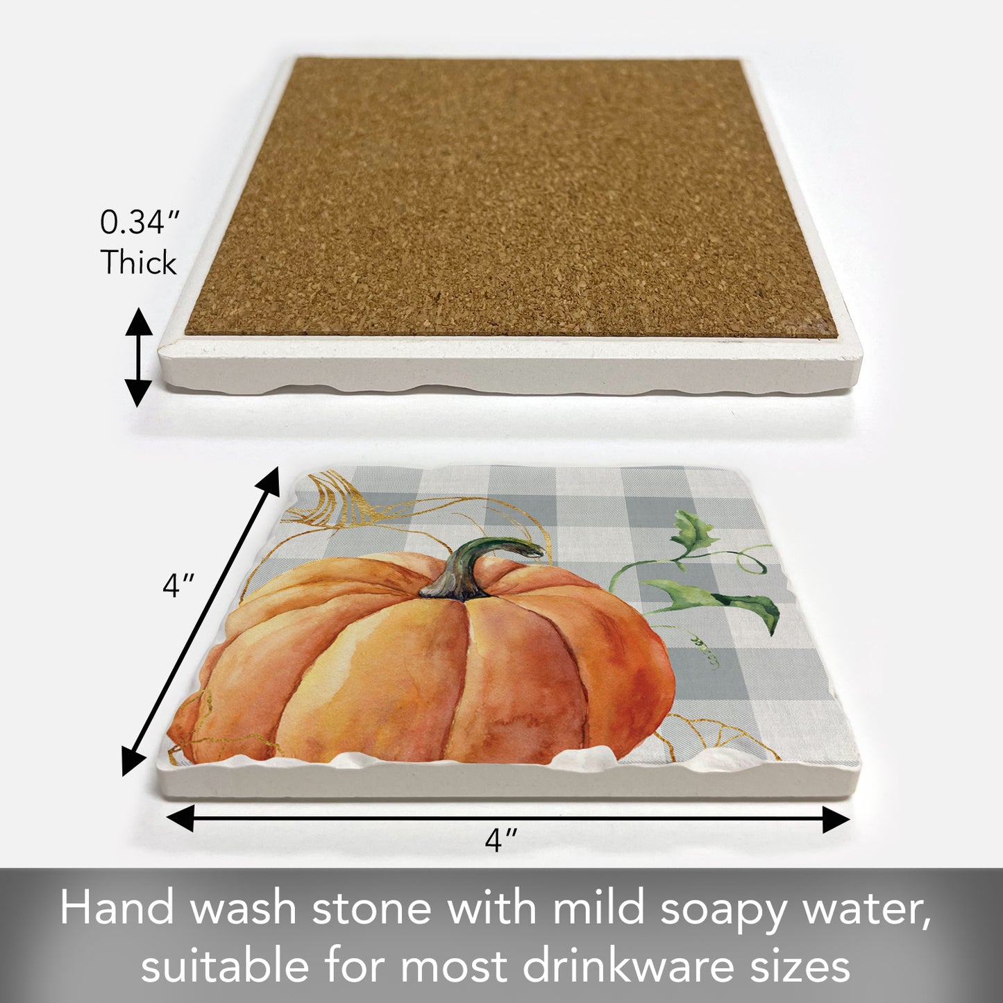 Thirstystone Grey Plaid Pumpkin Single Tumbled Tile Stone Coaster with Protective Cork Backing Manufactured in The USA 4" Square, Colorful, Artistiic, Easily Wipes Clean