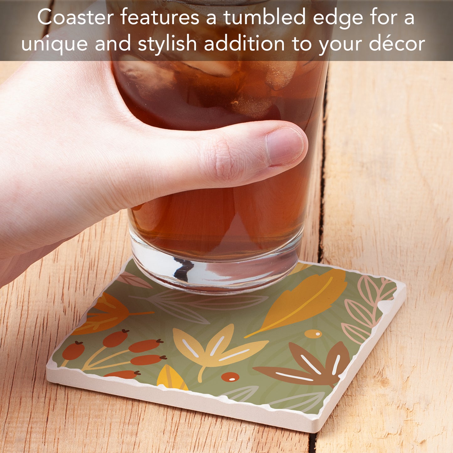 Thirstystone Green Fall Single Tumbled Tile Stone Coaster with Protective Cork Backing Manufactured in The USA 4" Square, Colorful, Artistiic, Easily Wipes Clean