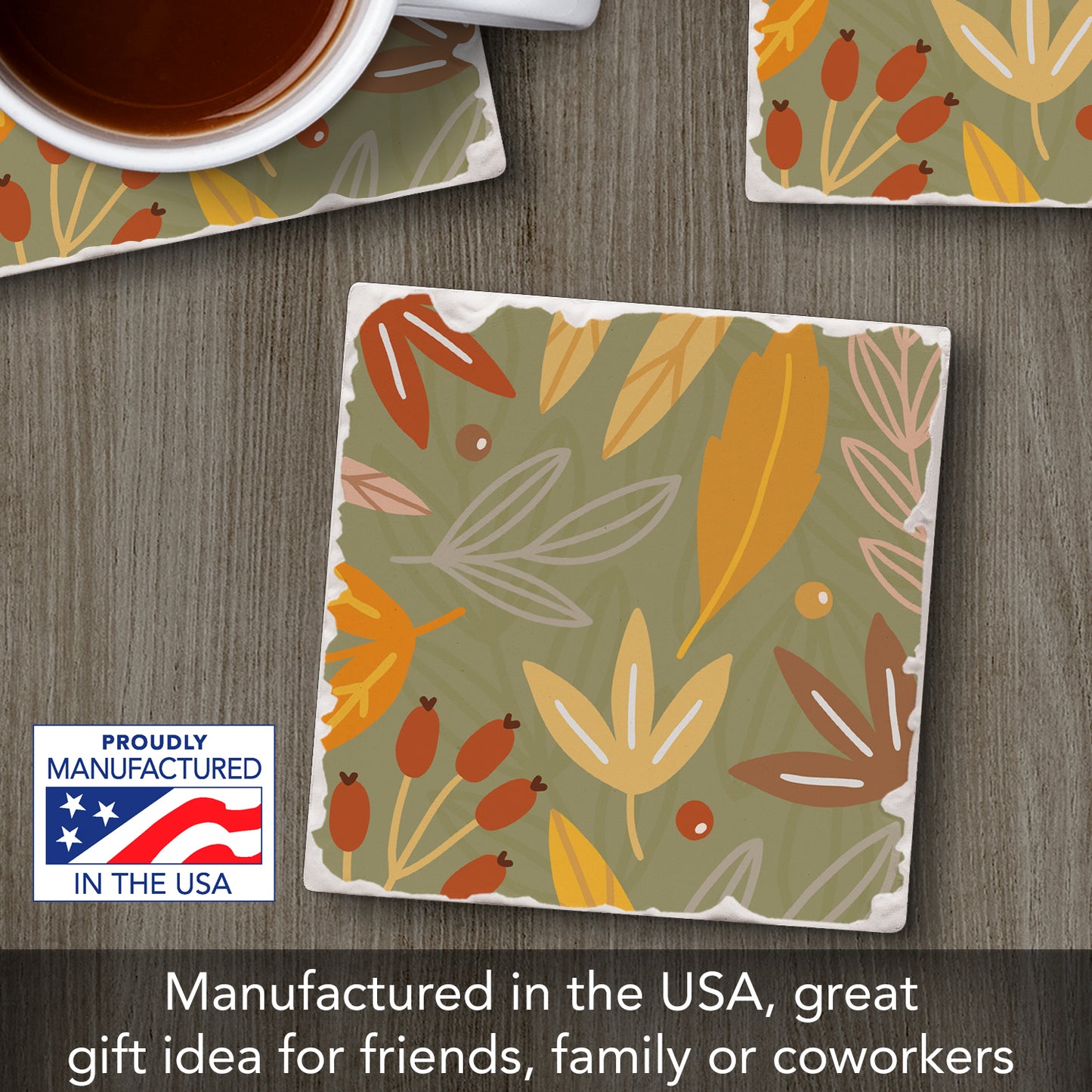 Thirstystone Green Fall Single Tumbled Tile Stone Coaster with Protective Cork Backing Manufactured in The USA 4" Square, Colorful, Artistiic, Easily Wipes Clean