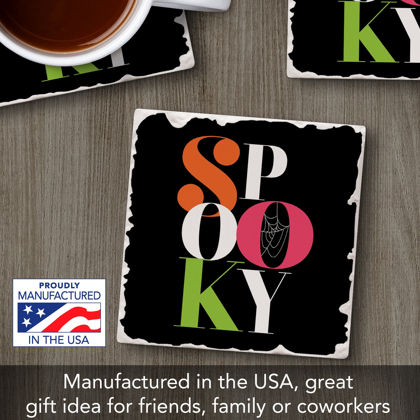 Thirstystone Spooky Single Tumbled Tile Stone Coaster with Protective Cork Backing Manufactured in The USA 4" Square, Colorful, Artistic, Easily Wipes Clean