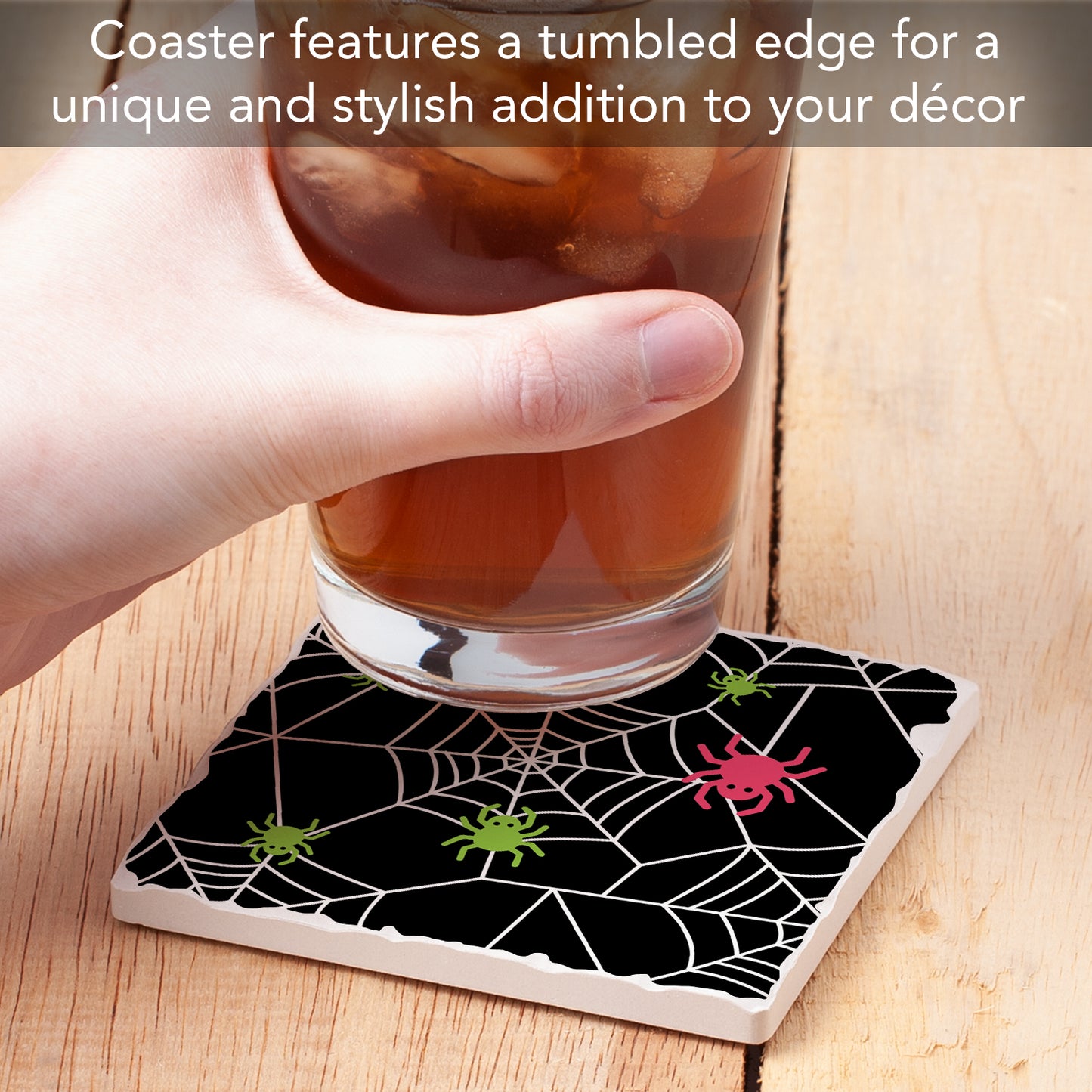 Thirstystone Spider Web Single Tumbled Tile Stone Coaster with Protective Cork Backing Manufactured in The USA 4" Square, Colorful, Artistic, Easily Wipes Clean