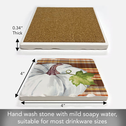 Thirstystone White Pumpkin on Plaid Single Tumbled Tile Stone Coaster with Protective Cork Backing Manufactured in The USA 4" Square, Colorful, Artistiic, Easily Wipes Clean