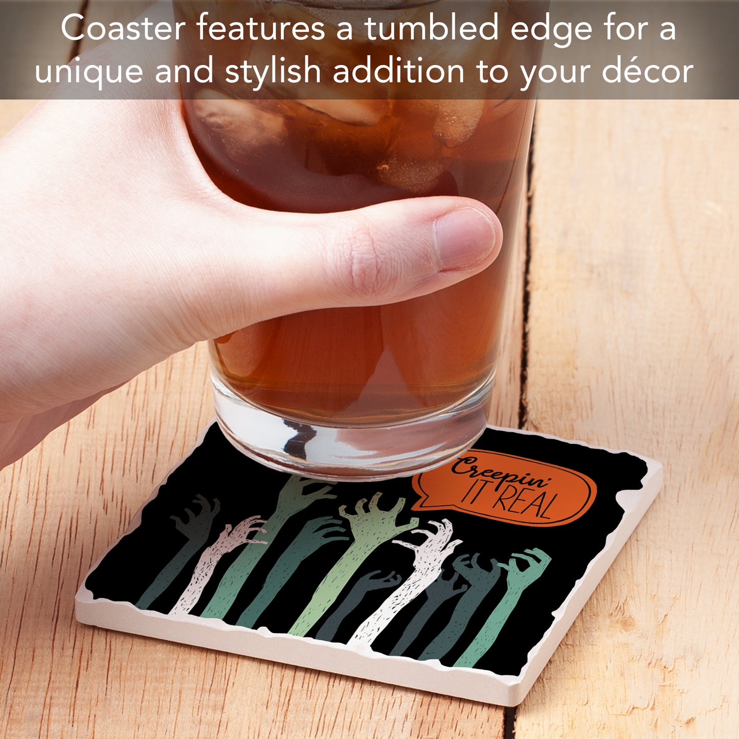 Thirstystone Creepin It Real Single Tumbled Tile Stone Coaster with Protective Cork Backing Manufactured in The USA 4" Square, Colorful, Artistiic, Easily Wipes Clean