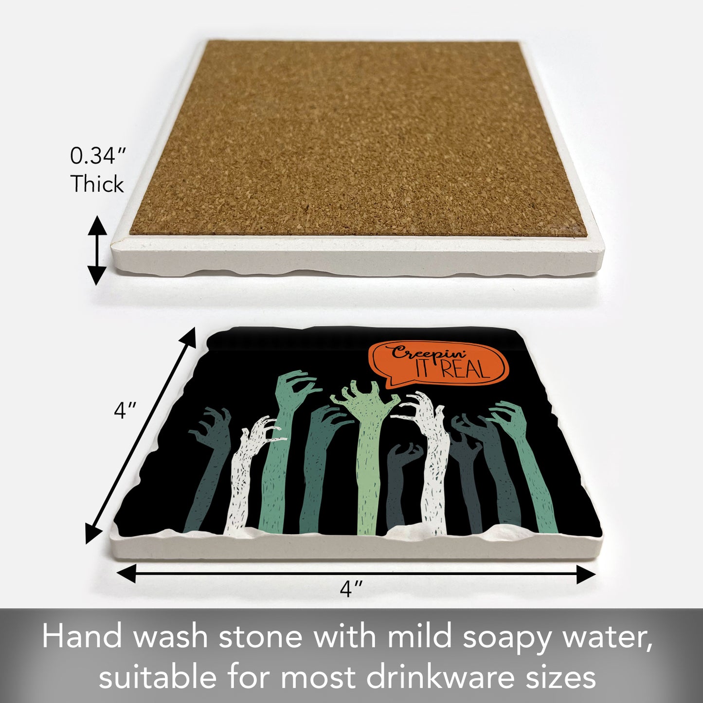 Thirstystone Creepin It Real Single Tumbled Tile Stone Coaster with Protective Cork Backing Manufactured in The USA 4" Square, Colorful, Artistiic, Easily Wipes Clean