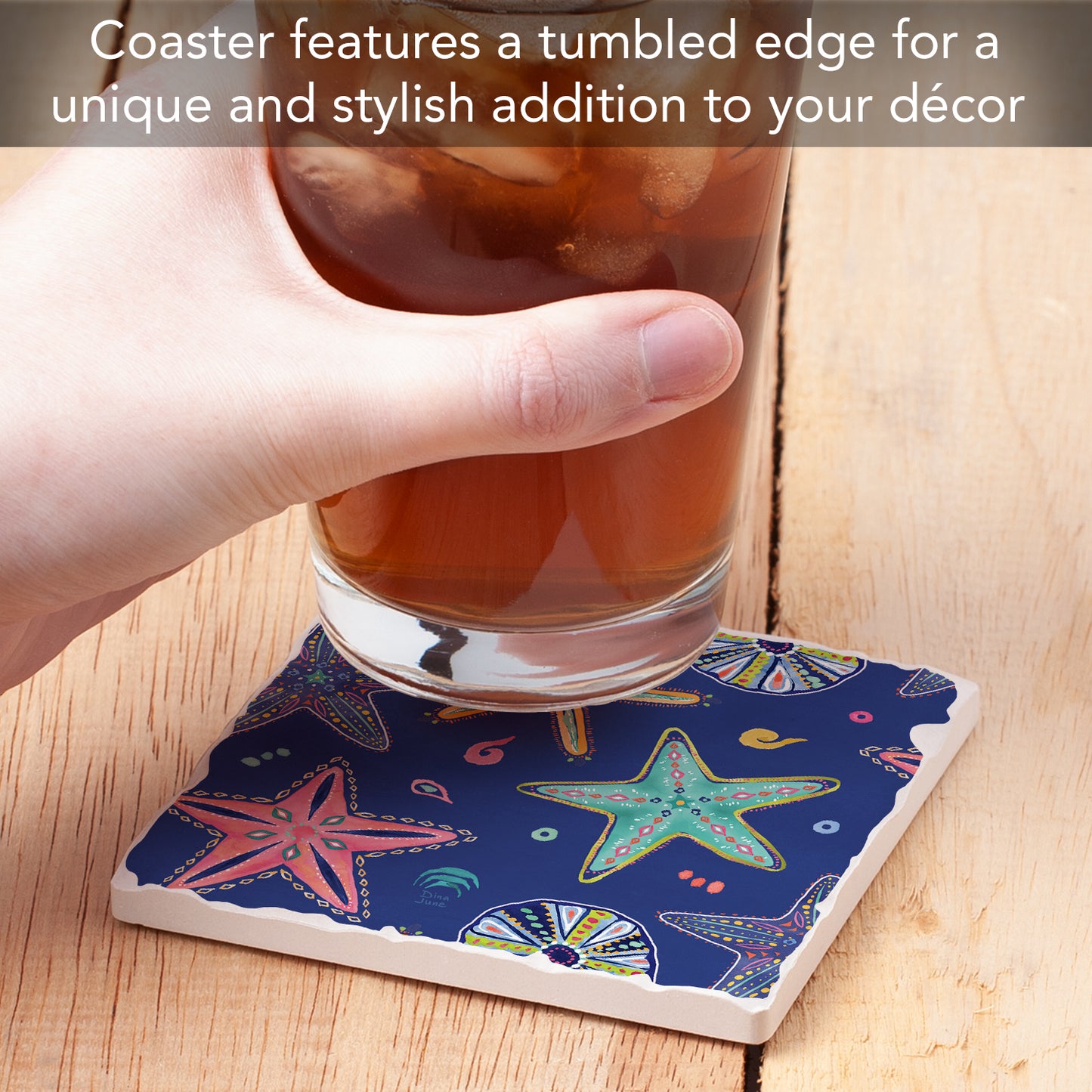 Thirstystone Starfish on Blue Single Tumbled Tile Stone Coaster with Protective Cork Backing Manufactured in The USA 4" Square, Colorful, Artistic, Easily Wipes Clean
