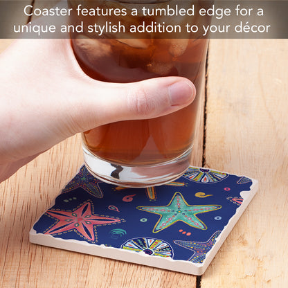 Thirstystone Starfish on Blue Single Tumbled Tile Stone Coaster with Protective Cork Backing Manufactured in The USA 4" Square, Colorful, Artistic, Easily Wipes Clean