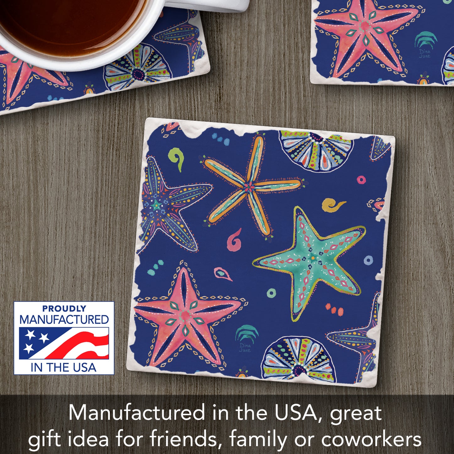 Thirstystone Starfish on Blue Single Tumbled Tile Stone Coaster with Protective Cork Backing Manufactured in The USA 4" Square, Colorful, Artistic, Easily Wipes Clean