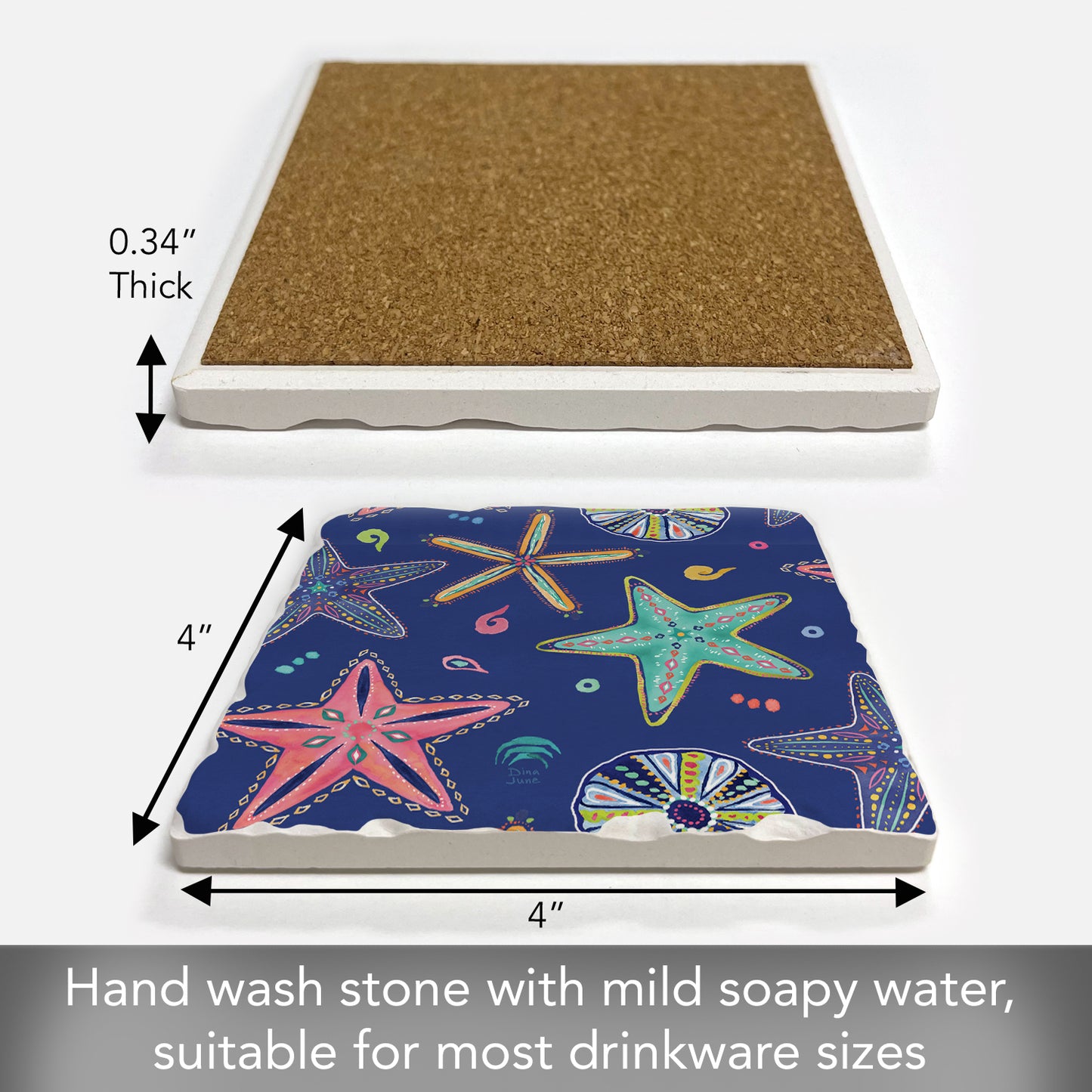Thirstystone Starfish on Blue Single Tumbled Tile Stone Coaster with Protective Cork Backing Manufactured in The USA 4" Square, Colorful, Artistic, Easily Wipes Clean