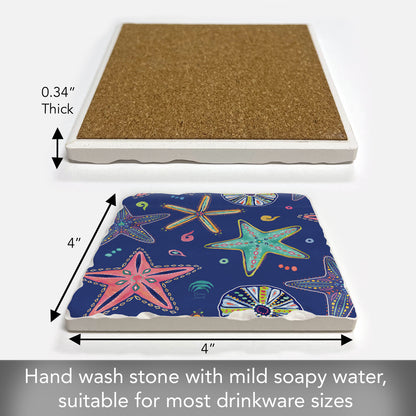 Thirstystone Starfish on Blue Single Tumbled Tile Stone Coaster with Protective Cork Backing Manufactured in The USA 4" Square, Colorful, Artistic, Easily Wipes Clean