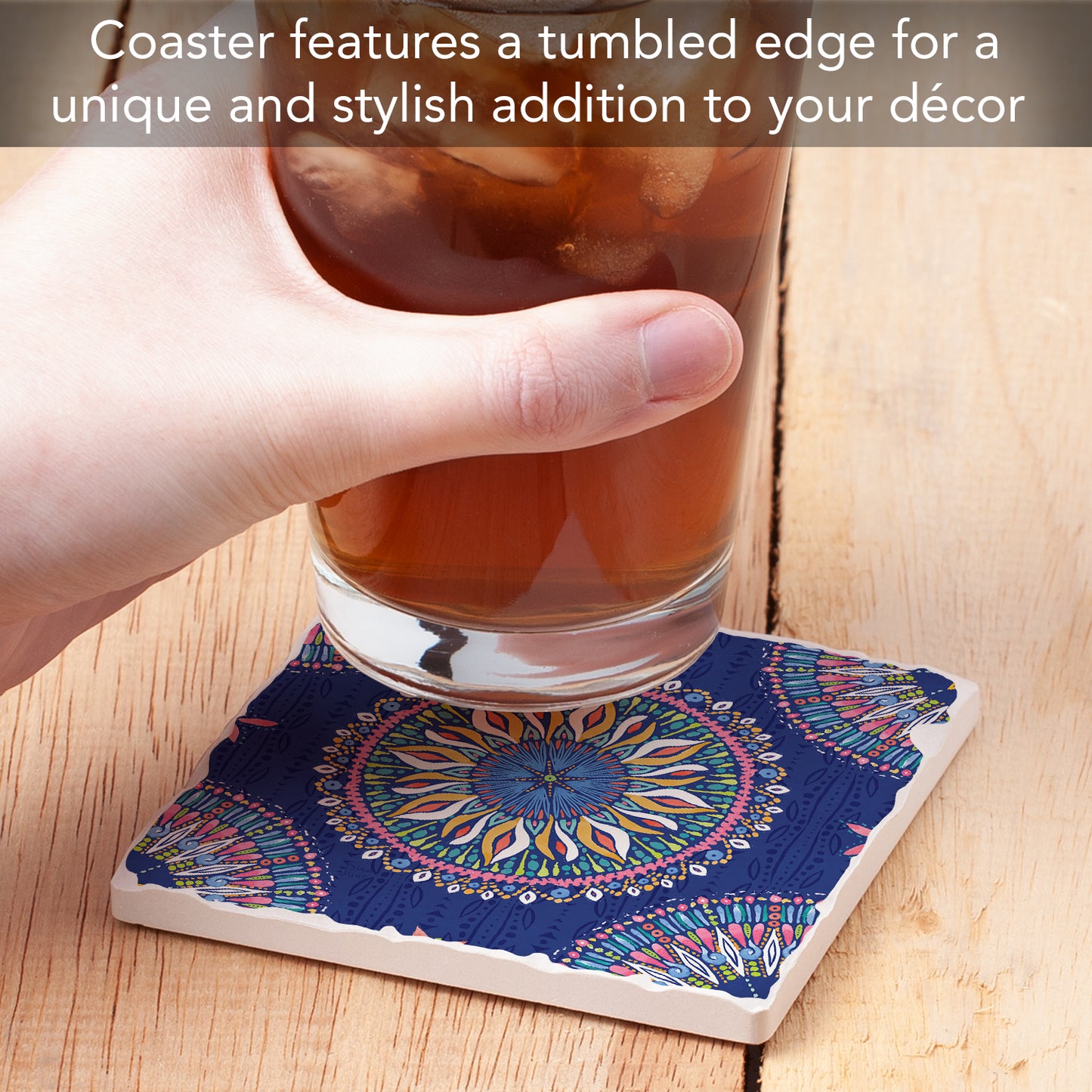 Thirstystone Mandala Seas Single Tumbled Tile Stone Coaster with Protective Cork Backing Manufactured in The USA 4" Square, Colorful, Artistiic, Easily Wipes Clean