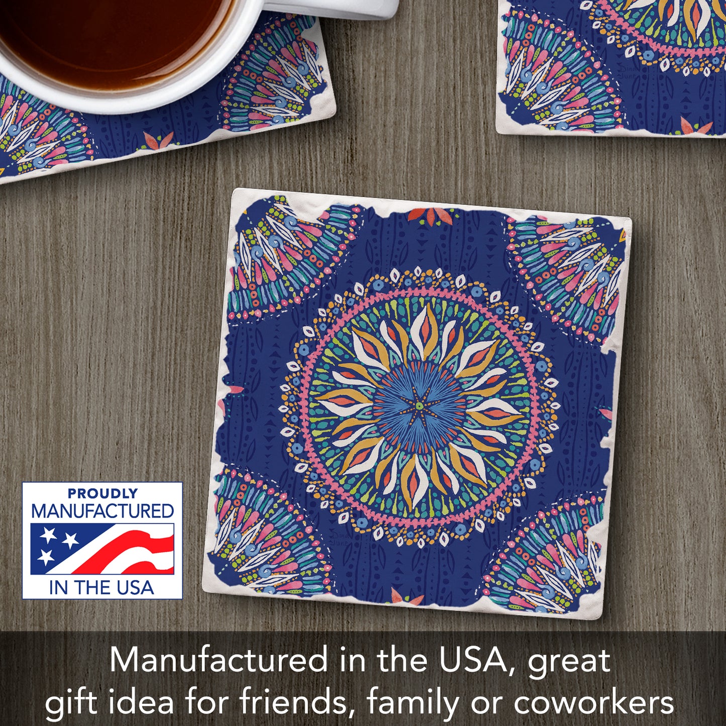 Thirstystone Mandala Seas Single Tumbled Tile Stone Coaster with Protective Cork Backing Manufactured in The USA 4" Square, Colorful, Artistiic, Easily Wipes Clean