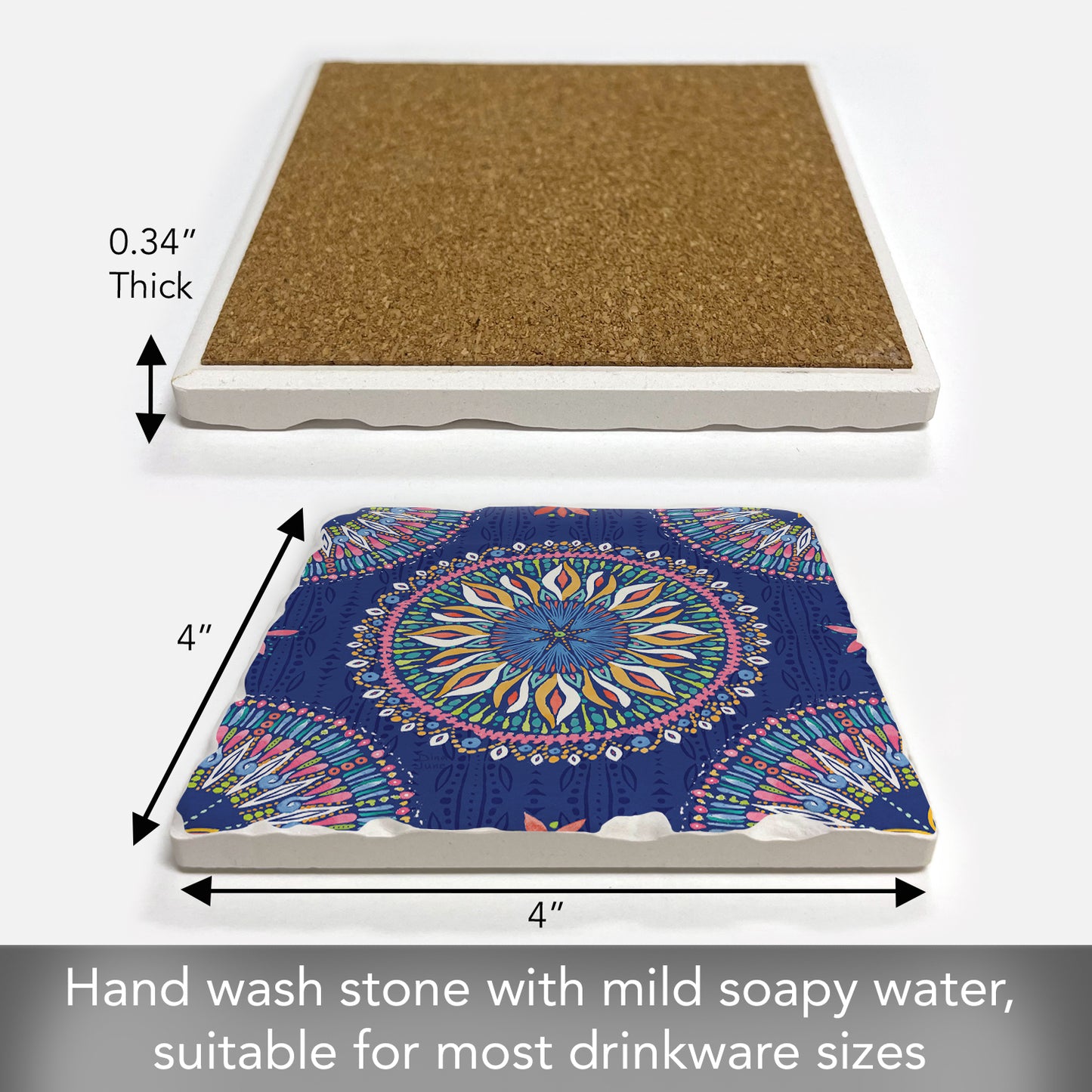 Thirstystone Mandala Seas Single Tumbled Tile Stone Coaster with Protective Cork Backing Manufactured in The USA 4" Square, Colorful, Artistiic, Easily Wipes Clean