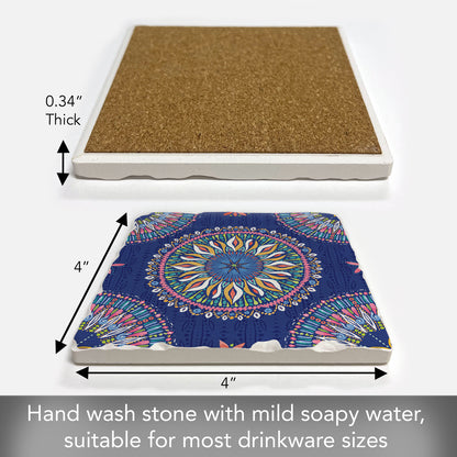 Thirstystone Mandala Seas Single Tumbled Tile Stone Coaster with Protective Cork Backing Manufactured in The USA 4" Square, Colorful, Artistiic, Easily Wipes Clean