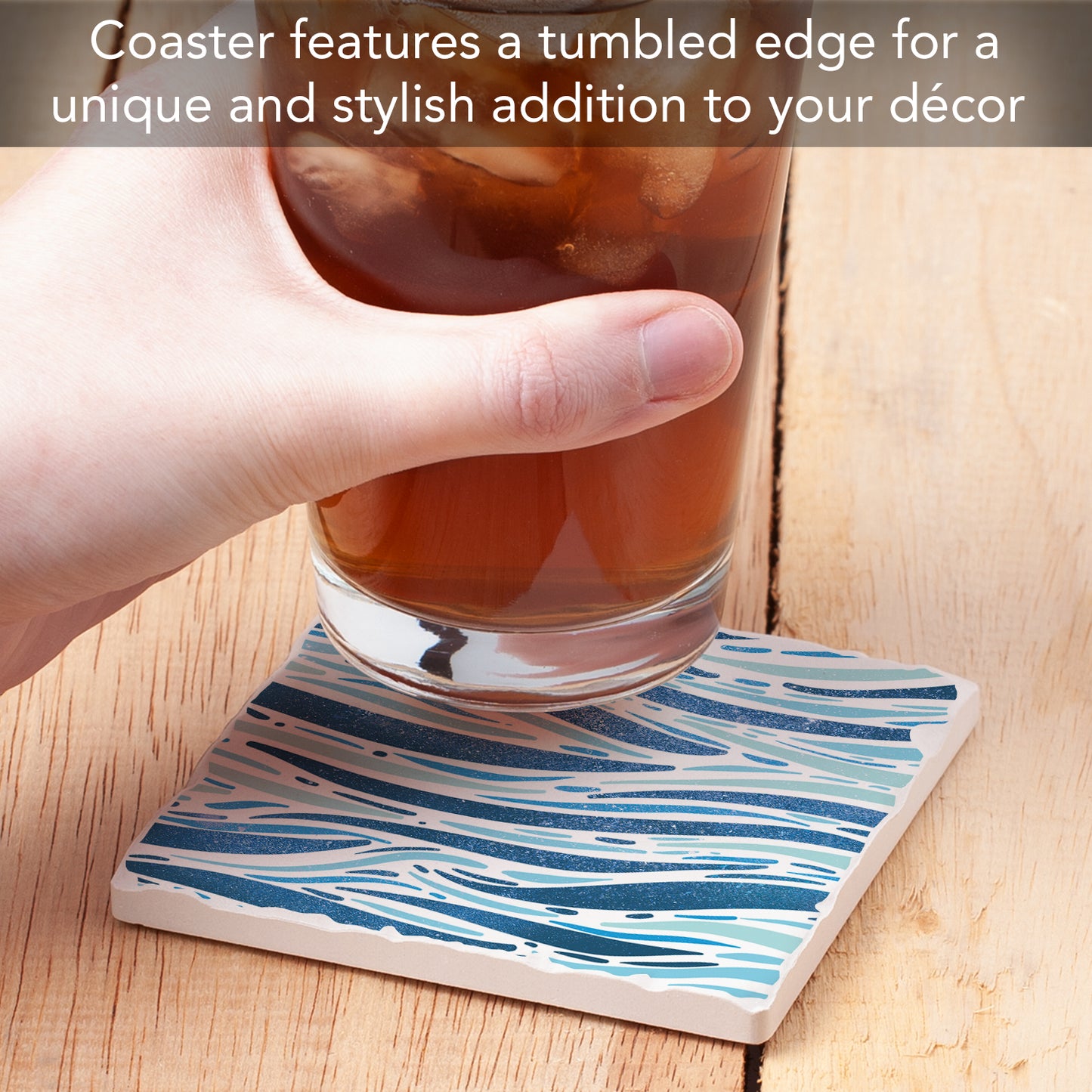 Thirstystone Sparkling Waves Single Tumbled Tile Stone Coaster with Protective Cork Backing Manufactured in The USA 4" Square, Colorful, Artistic, Easily Wipes Clean