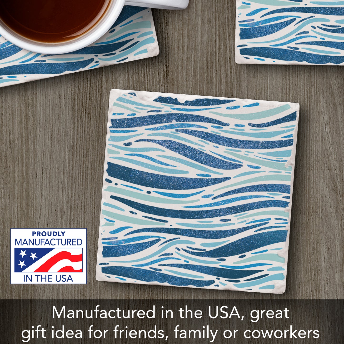 Thirstystone Sparkling Waves Single Tumbled Tile Stone Coaster with Protective Cork Backing Manufactured in The USA 4" Square, Colorful, Artistic, Easily Wipes Clean