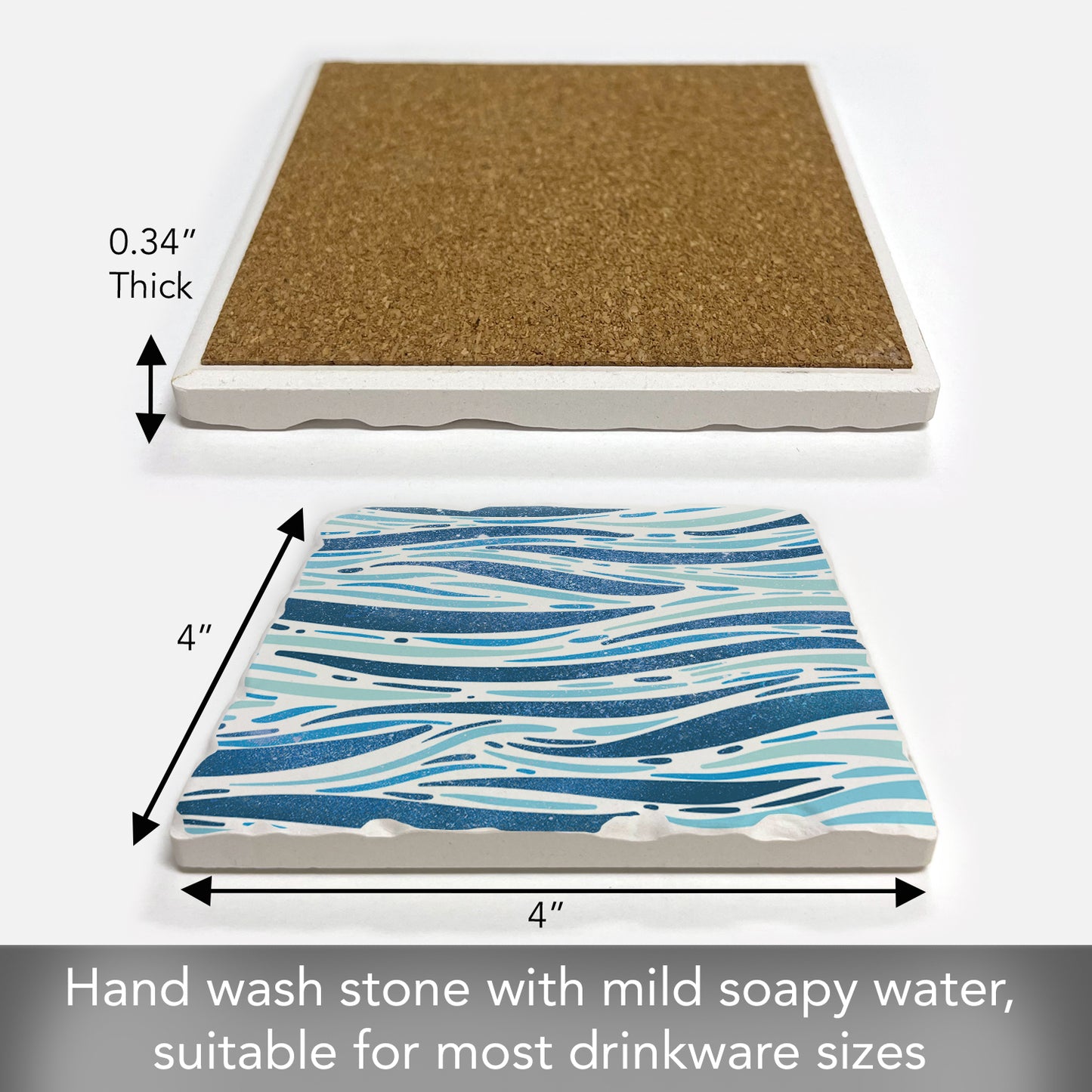 Thirstystone Sparkling Waves Single Tumbled Tile Stone Coaster with Protective Cork Backing Manufactured in The USA 4" Square, Colorful, Artistic, Easily Wipes Clean