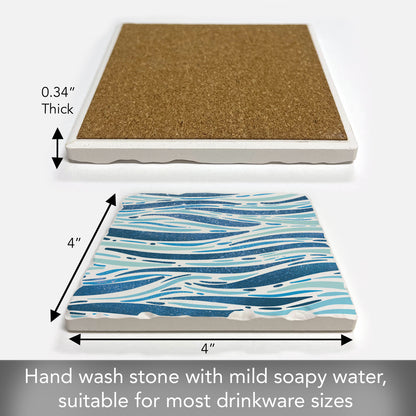 Thirstystone Sparkling Waves Single Tumbled Tile Stone Coaster with Protective Cork Backing Manufactured in The USA 4" Square, Colorful, Artistic, Easily Wipes Clean
