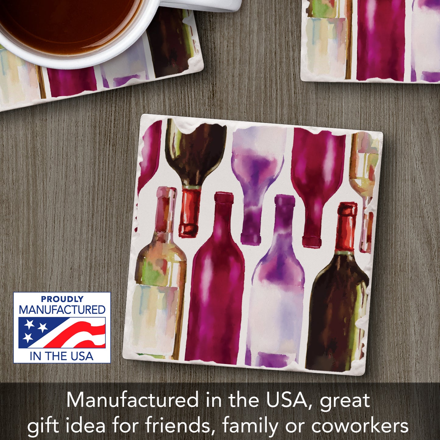 Thirstystone Watercolor Wine Bottles Single Tumbled Tile Stone Coaster with Protective Cork Backing Manufactured in The USA 4" Square, Artistic, Easily Wipes Clean