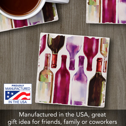 Thirstystone Watercolor Wine Bottles Single Tumbled Tile Stone Coaster with Protective Cork Backing Manufactured in The USA 4" Square, Artistic, Easily Wipes Clean