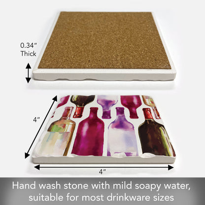 Thirstystone Watercolor Wine Bottles Single Tumbled Tile Stone Coaster with Protective Cork Backing Manufactured in The USA 4" Square, Artistic, Easily Wipes Clean
