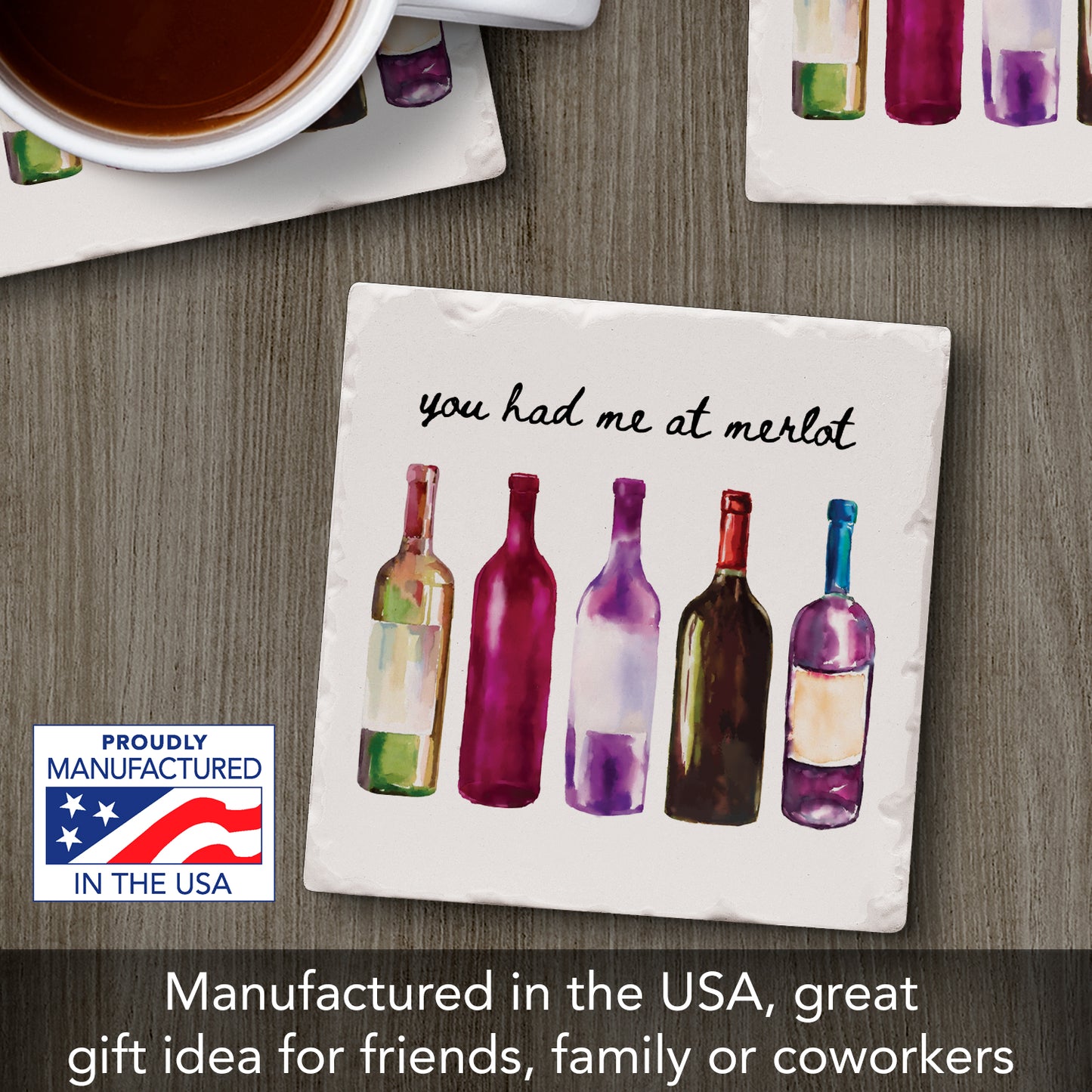 Thirstystone Had Me at Merlot Single Tumbled Tile Stone Coaster with Protective Cork Backing Manufactured in The USA 4" Square, Artistic, Easily Wipes Clean