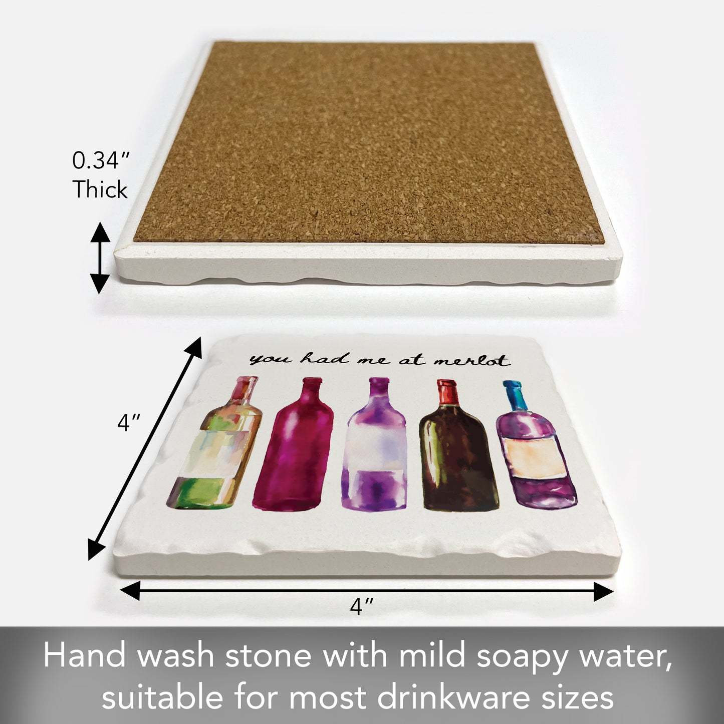 Thirstystone Had Me at Merlot Single Tumbled Tile Stone Coaster with Protective Cork Backing Manufactured in The USA 4" Square, Artistic, Easily Wipes Clean