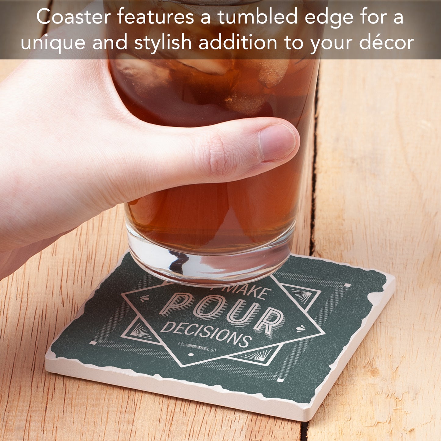 Thirstystone Make Pour Decisions Single Tumbled Tile Stone Coaster with Protective Cork Backing Manufactured in The USA 4" Square, Artistic, Easily Wipes Clean