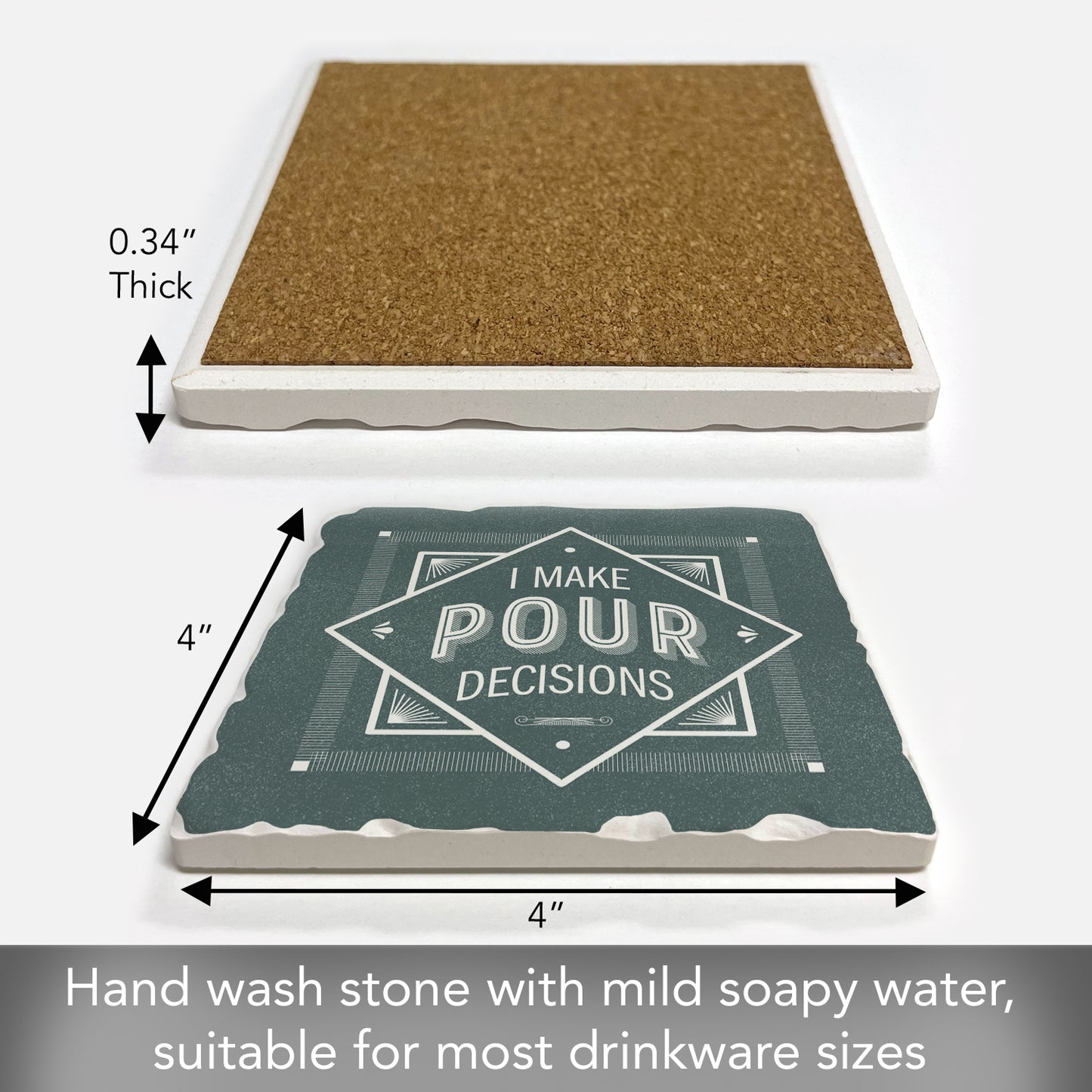 Thirstystone Make Pour Decisions Single Tumbled Tile Stone Coaster with Protective Cork Backing Manufactured in The USA 4" Square, Artistic, Easily Wipes Clean