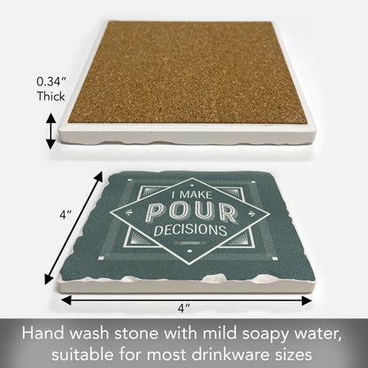 Thirstystone Make Pour Decisions Single Tumbled Tile Stone Coaster with Protective Cork Backing Manufactured in The USA 4" Square, Artistic, Easily Wipes Clean