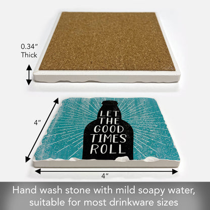 Thirstystone Good Times Single Tumbled Tile Stone Coaster with Protective Cork Backing Manufactured in The USA 4" Square, Artistic, Easily Wipes Clean