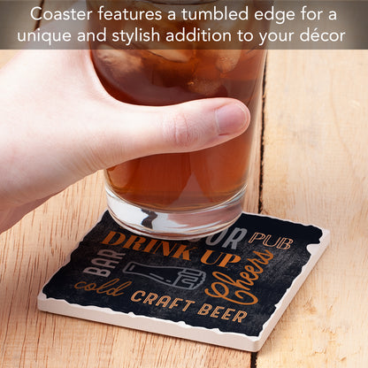 Thirstystone Cheers Drink Up Single Tumbled Tile Stone Coaster with Protective Cork Backing Manufactured in The USA 4" Square, Artistic, Easily Wipes Clean