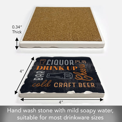 Thirstystone Cheers Drink Up Single Tumbled Tile Stone Coaster with Protective Cork Backing Manufactured in The USA 4" Square, Artistic, Easily Wipes Clean