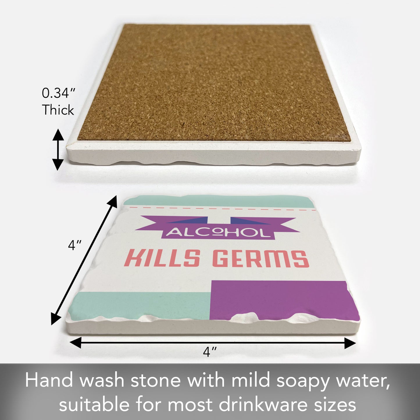 Thirstystone Alcohol Kills Germs Single Tumbled Tile Stone Coaster with Protective Cork Backing Manufactured in The USA 4" Square, Artistic, Easily Wipes Clean
