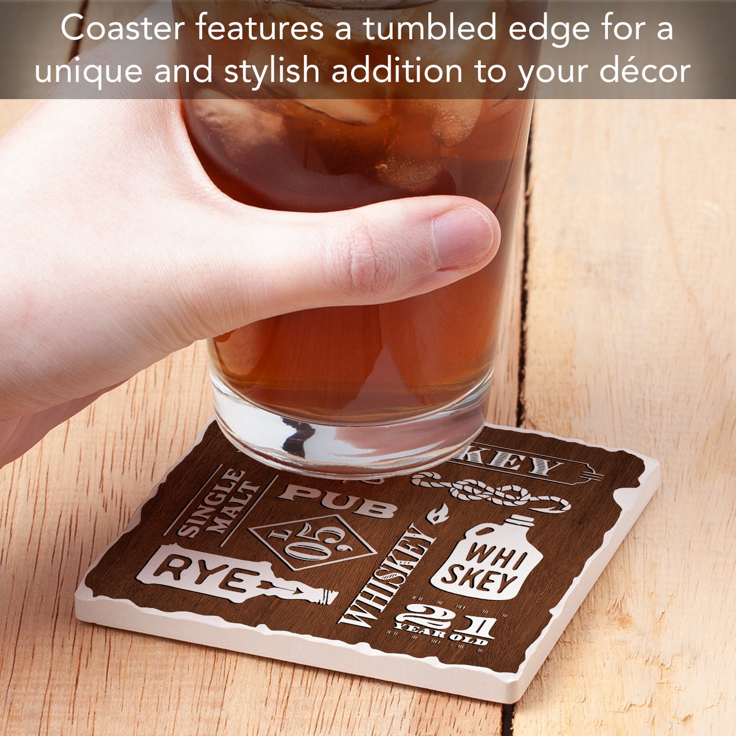 Thirstystone Whiskey Collage Single Tumbled Tile Stone Coaster with Protective Cork Backing Manufactured in The USA 4" Square, Artistic, Easily Wipes Clean