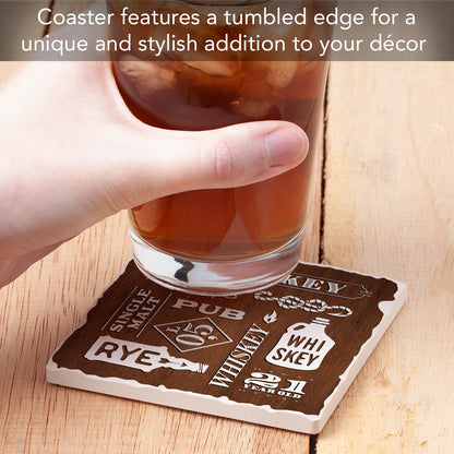 Thirstystone Whiskey Collage Single Tumbled Tile Stone Coaster with Protective Cork Backing Manufactured in The USA 4" Square, Artistic, Easily Wipes Clean