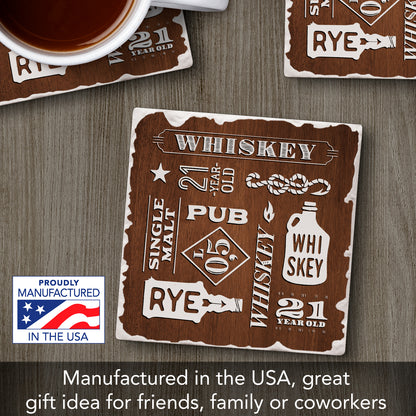 Thirstystone Whiskey Collage Single Tumbled Tile Stone Coaster with Protective Cork Backing Manufactured in The USA 4" Square, Artistic, Easily Wipes Clean