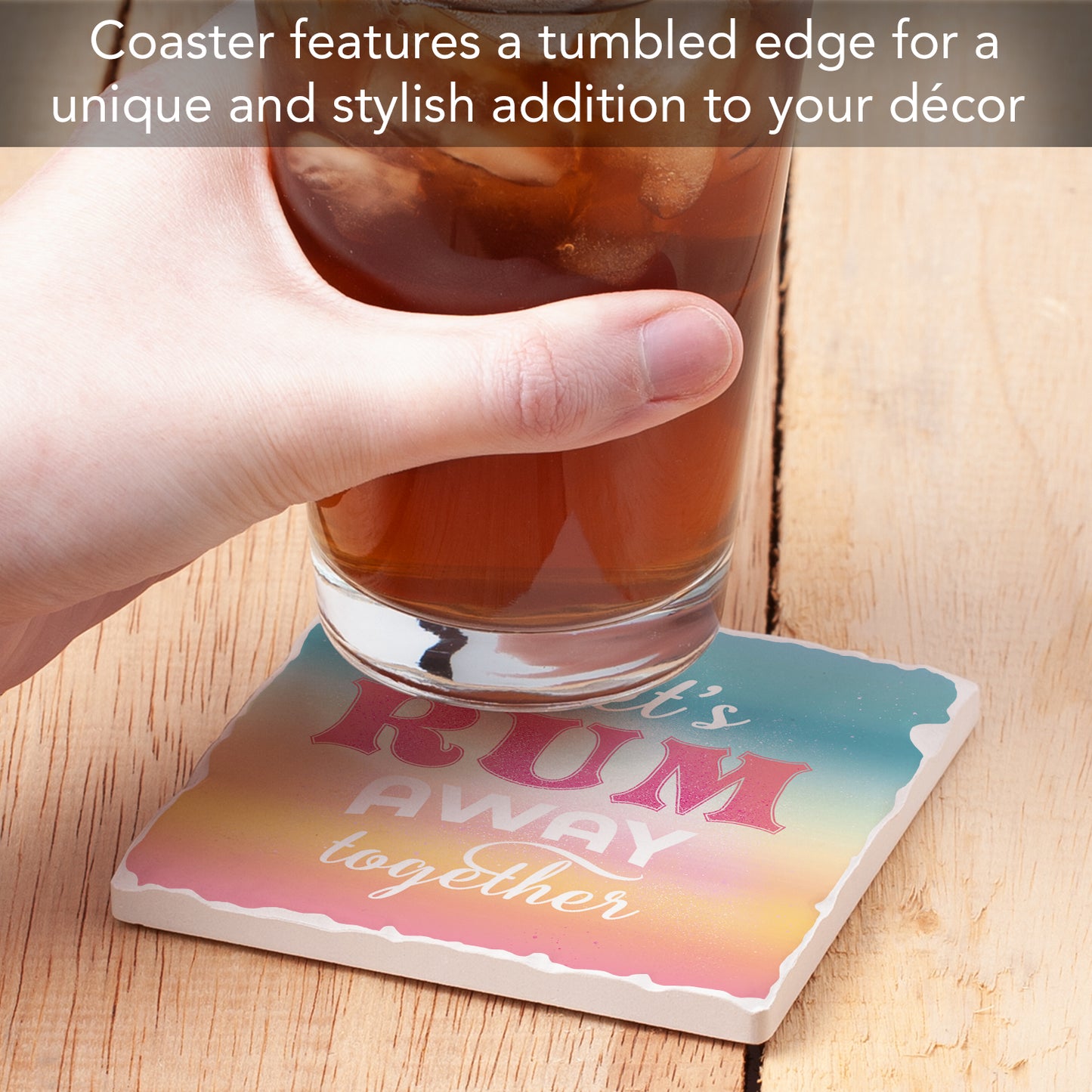 Thirstystone Let's Rum Away Together Single Tumbled Tile Stone Coaster with Protective Cork Backing Manufactured in The USA 4" Square, Artistic, Easily Wipes Clean
