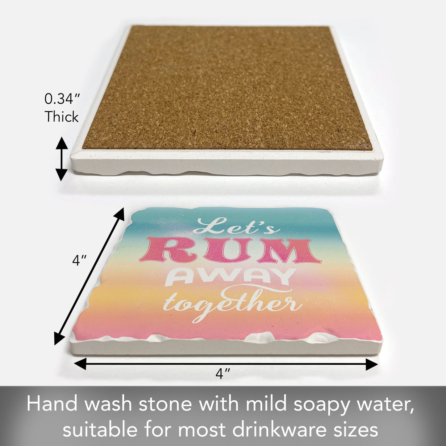 Thirstystone Let's Rum Away Together Single Tumbled Tile Stone Coaster with Protective Cork Backing Manufactured in The USA 4" Square, Artistic, Easily Wipes Clean