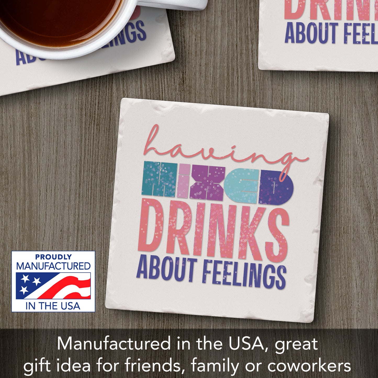 Thirstystone Mixed Drinks Single Tumbled Tile Stone Coaster with Protective Cork Backing Manufactured in The USA 4" Square, Artistic, Easily Wipes Clean