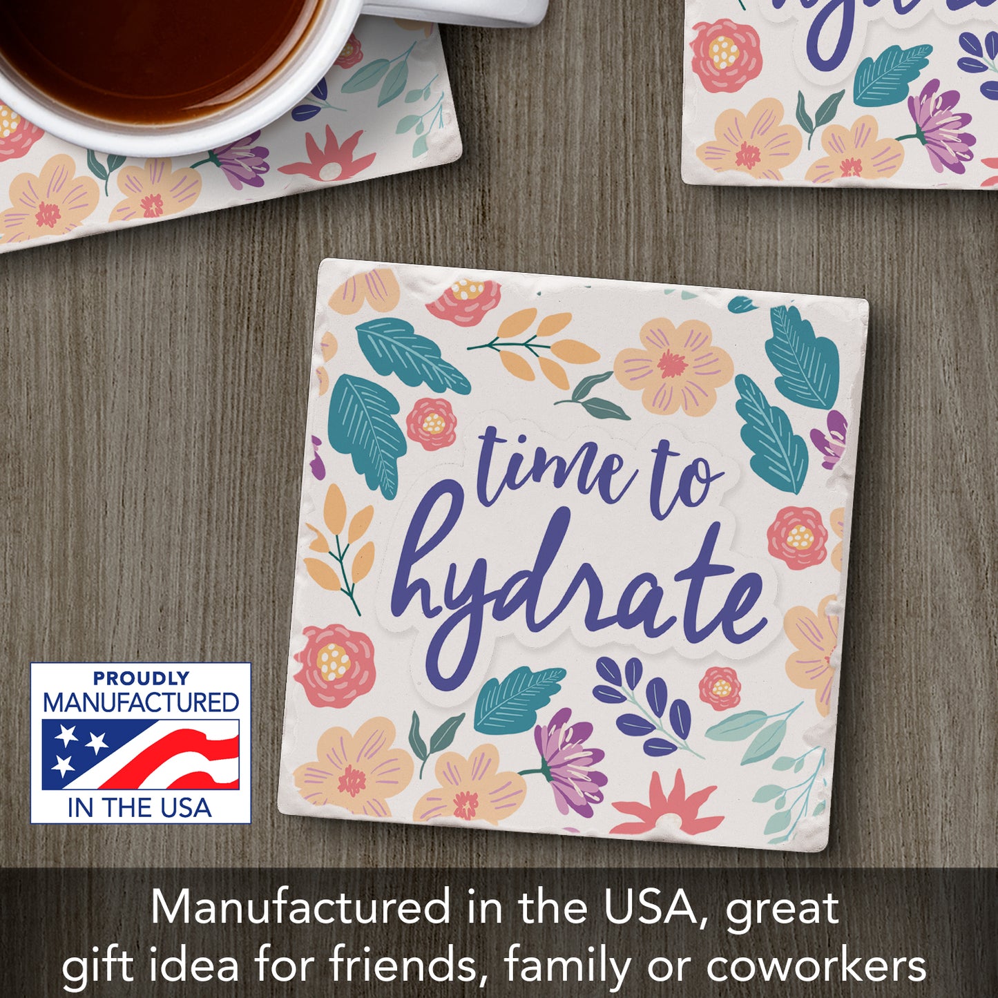Thirstystone Hydrate Single Tumbled Tile Stone Coaster with Protective Cork Backing Manufactured in The USA 4" Square, Artistic, Easily Wipes Clean