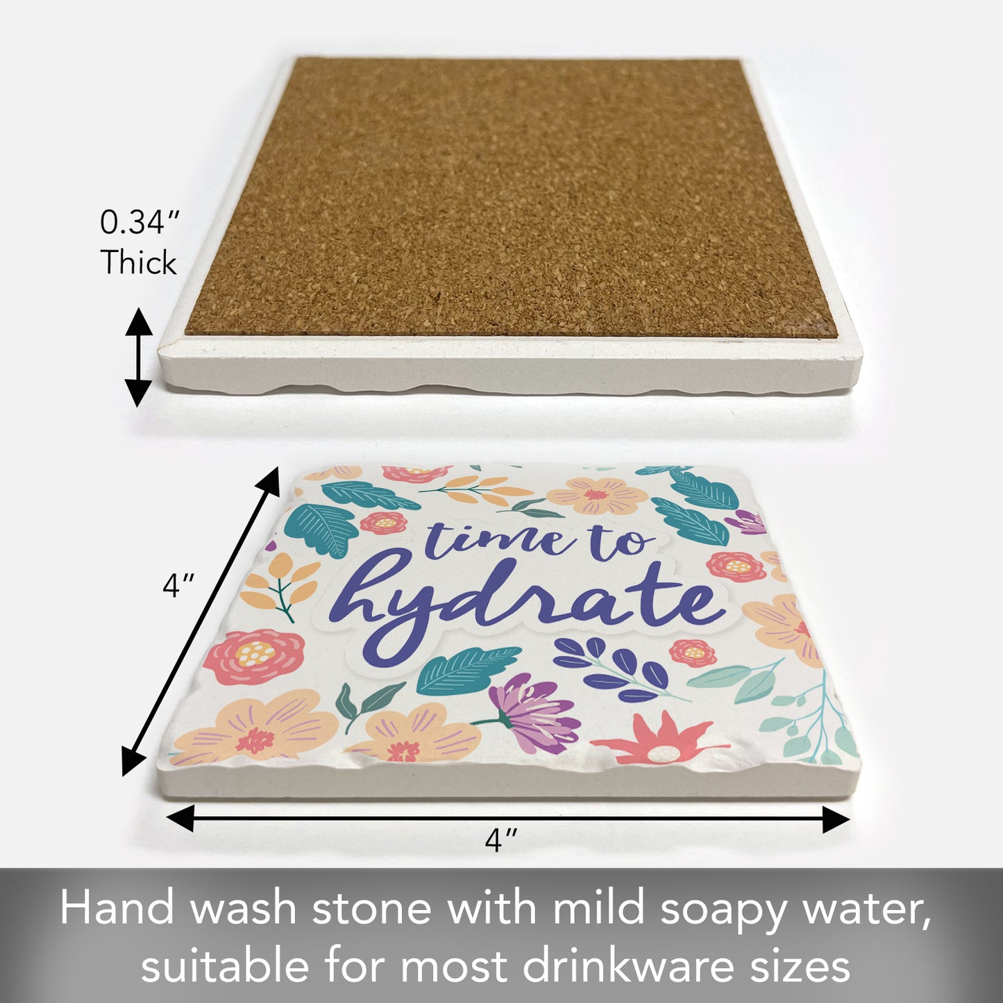 Thirstystone Hydrate Single Tumbled Tile Stone Coaster with Protective Cork Backing Manufactured in The USA 4" Square, Artistic, Easily Wipes Clean