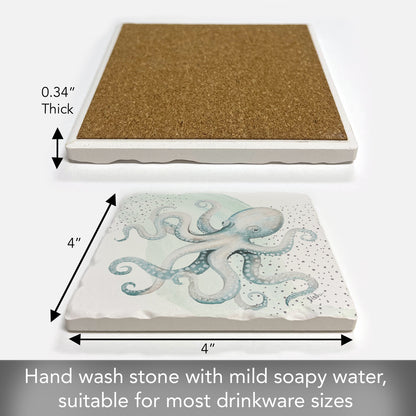 Thirstystone Ocean Octopus Single Tumbled Tile Stone Coaster with Protective Cork Backing Manufactured in The USA 4" Square, Colorful, Artistiic, Easily Wipes Clean