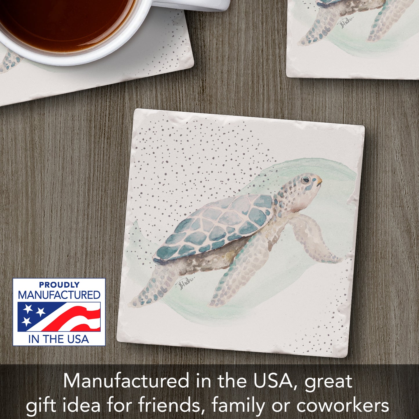 Thirstystone Sea Turtle Single Tumbled Tile Stone Coaster with Protective Cork Backing Manufactured in The USA 4" Square, Colorful, Artistic, Easily Wipes Clean
