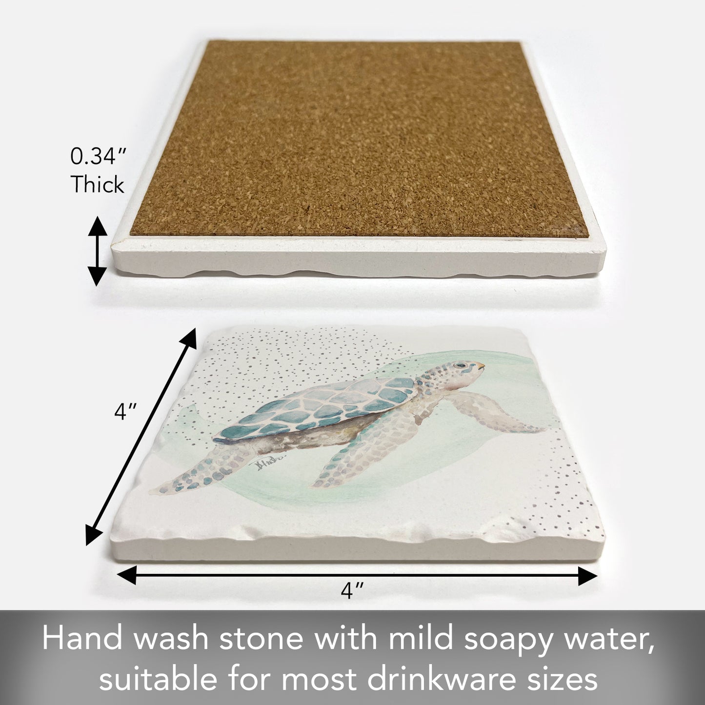 Thirstystone Sea Turtle Single Tumbled Tile Stone Coaster with Protective Cork Backing Manufactured in The USA 4" Square, Colorful, Artistic, Easily Wipes Clean