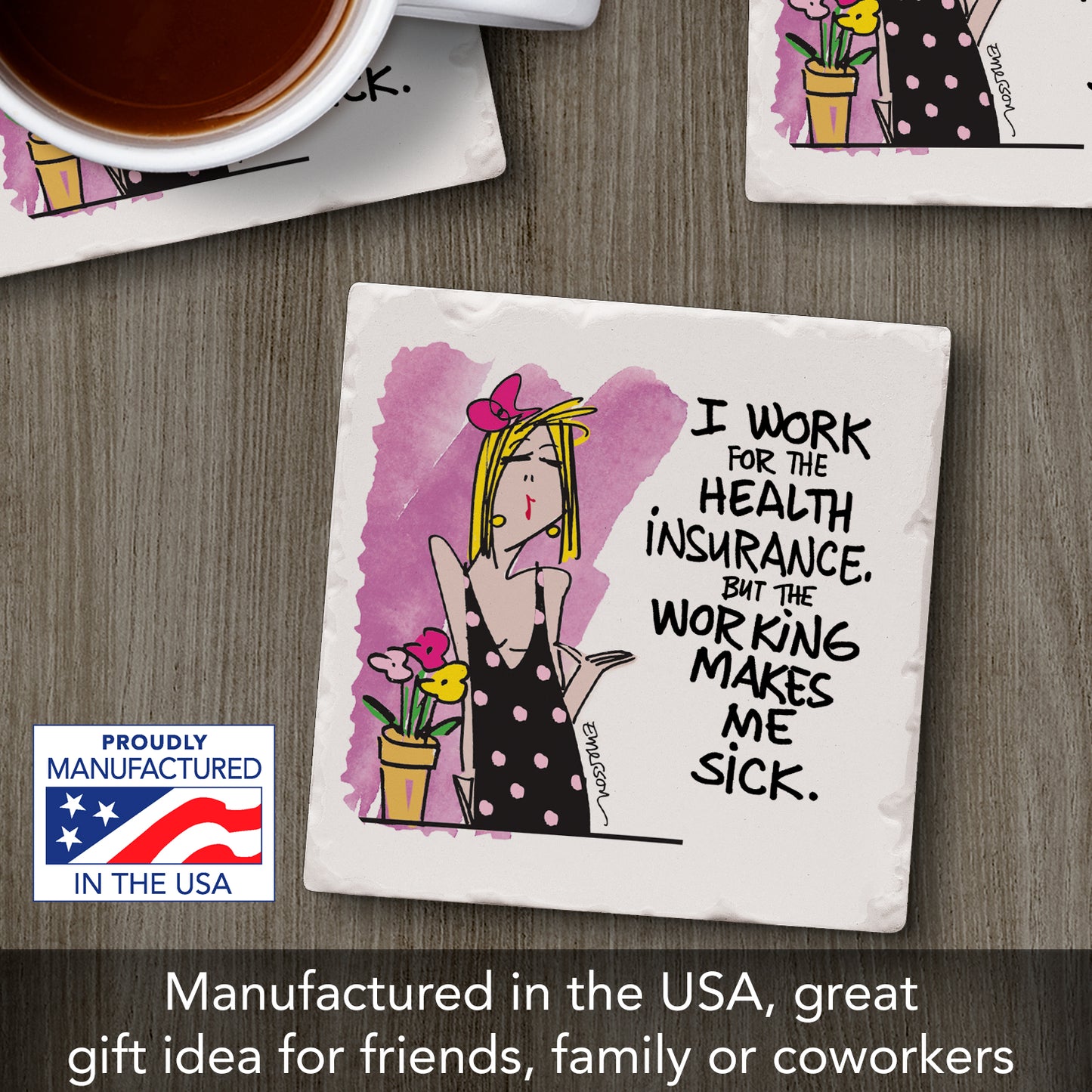 Thirstystone Working Makes Me Sick Single Tumbled Tile Stone Coaster Manufactured in The USA Humorous, Stylish, Single Coasters Allow You to Create Own Set