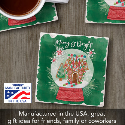 Thirstystone Merry & Bright Snowglobe Single Tumbled Tile Stone Coaster with Protective Cork Backing Manufactured in The USA 4" Square, Artistic, Easily Wipes Clean