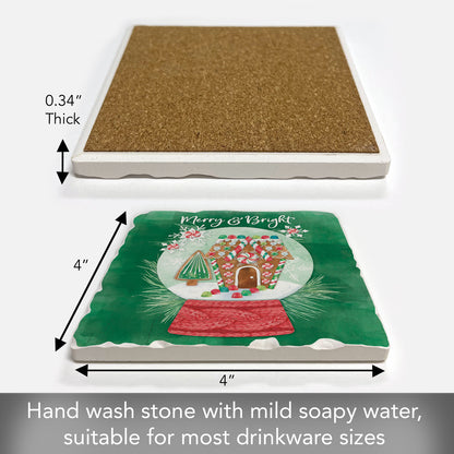 Thirstystone Merry & Bright Snowglobe Single Tumbled Tile Stone Coaster with Protective Cork Backing Manufactured in The USA 4" Square, Artistic, Easily Wipes Clean