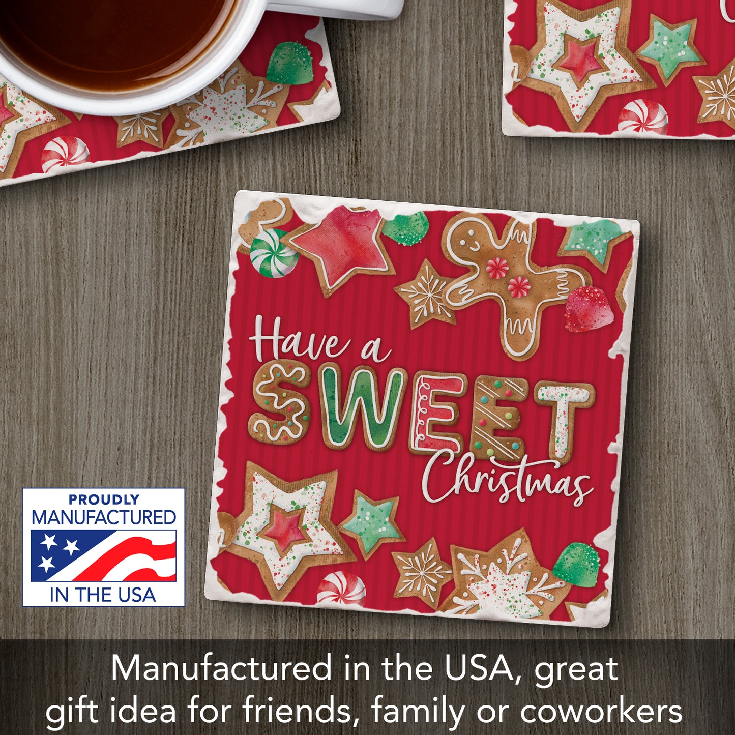 Thirstystone Sweet Christmas Single Tumbled Tile Stone Coaster with Protective Cork Backing Manufactured in The USA 4" Square, Artistic, Easily Wipes Clean